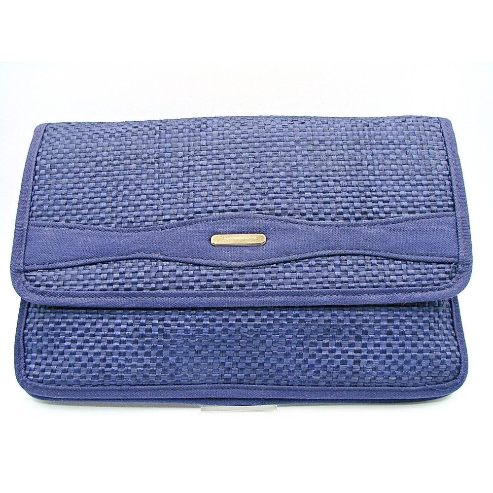 Deep Lapis Blue Woven Crossbody Clutch Bag Purse With Straw Thin Mirror 11x7"